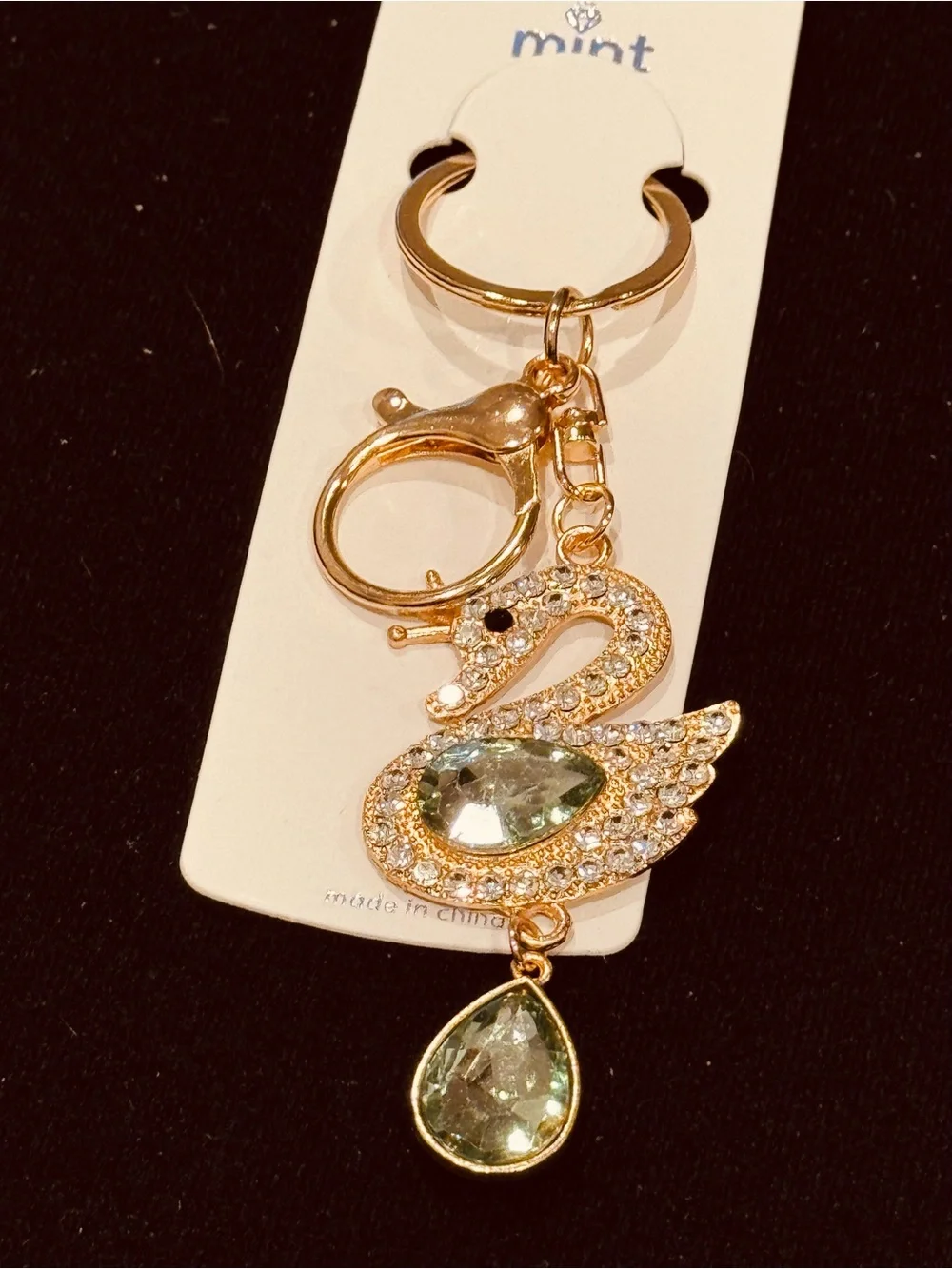Mint Swan Crystal Keychain Bag Charm Crystal Purse Charm Gold Tone NWT Green
